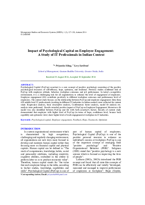 (PDF) Impact of Psychological Capital on Employee Engagement : A Study ...