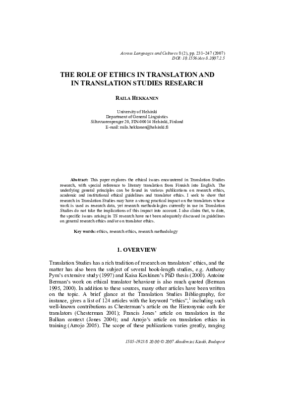 (PDF) The role of ethics in translation and in Translation Studies research