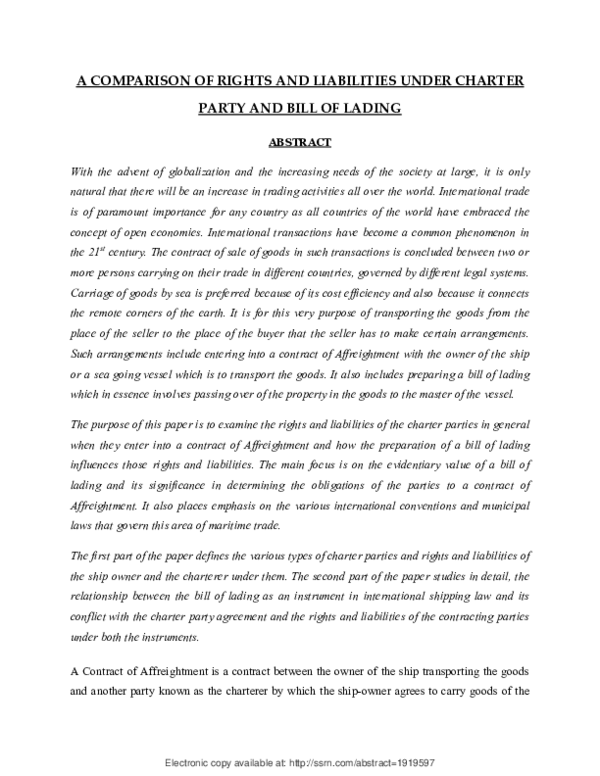 (PDF) A Comparison of Rights and Liabilites Under Charter Party and ...