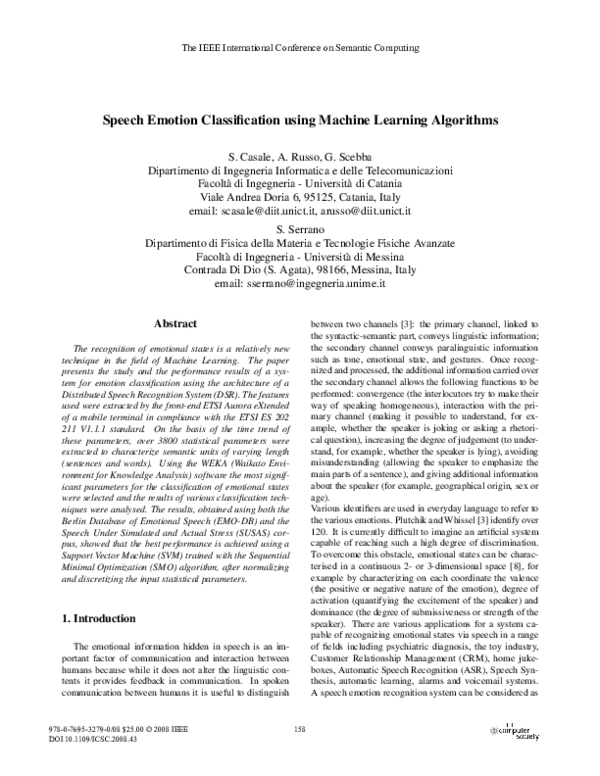 (PDF) Speech emotion classification using Machine Learning algorithms