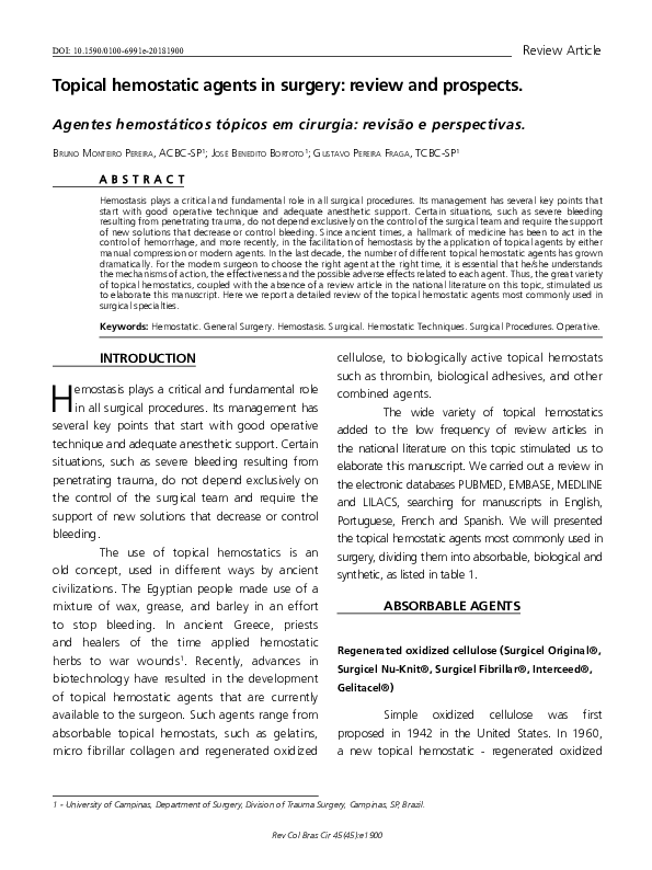 (PDF) Topical hemostatic agents in surgery review and prospects José