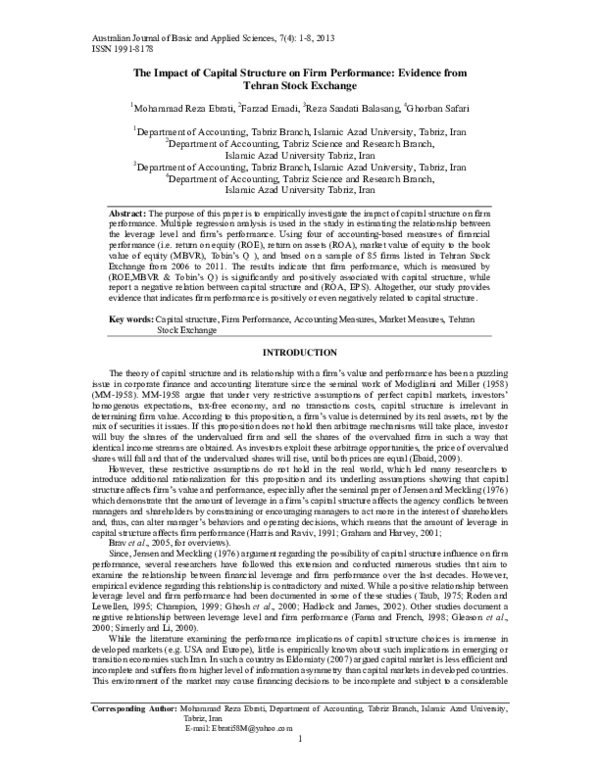 (PDF) The Impact of Capital Structure on Firm Performance: Evidence ...