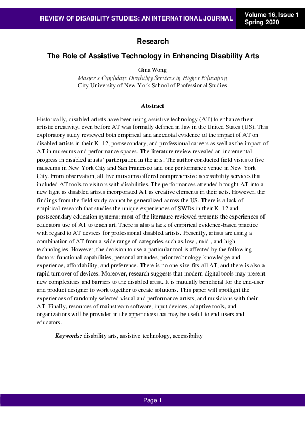 (PDF) The Role of Assistive Technology in Enhancing Disability Arts