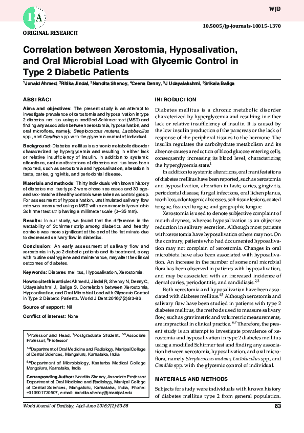 (PDF) Correlation between Xerostomia, Hyposalivation, and Oral ...