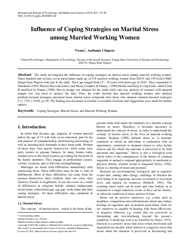 (PDF) Influence of Coping Strategies on Marital Stress among Married ...