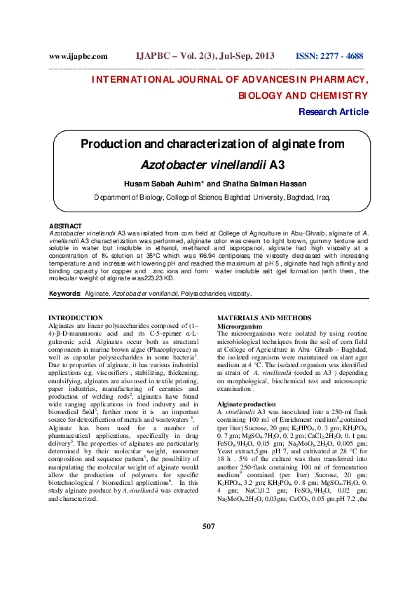 (PDF) Production and characterization of alginate from Azotobacter ...