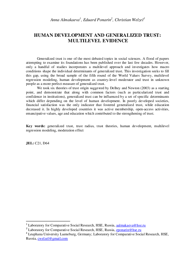 (PDF) Human Development and Generalized Trust: Multilevel Evidence