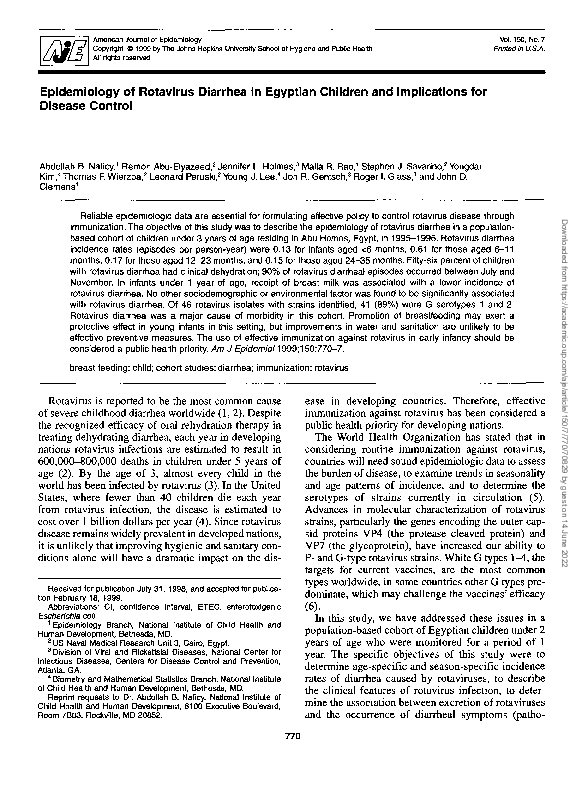 (PDF) Epidemiology of Rotavirus Diarrhea in Egyptian Children and ...