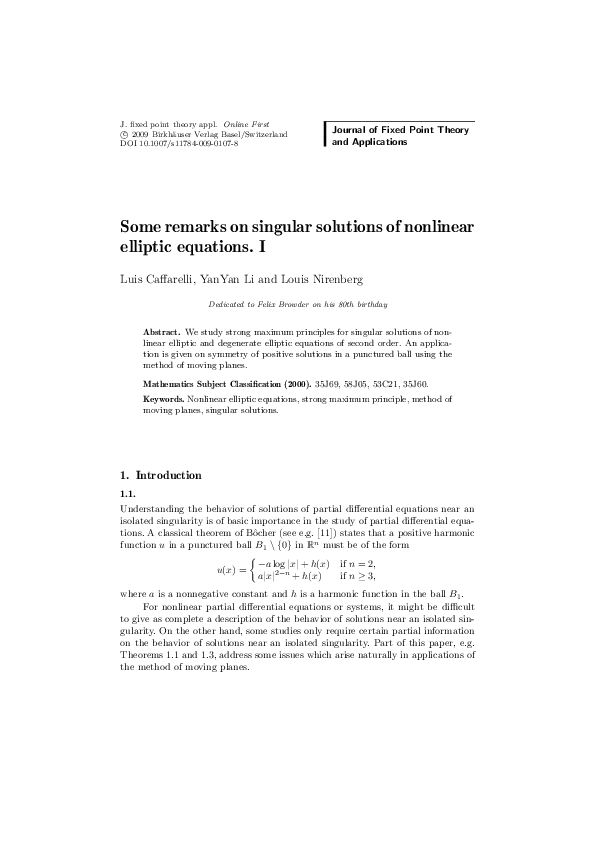 (PDF) Some remarks on singular solutions of nonlinear elliptic equations. I