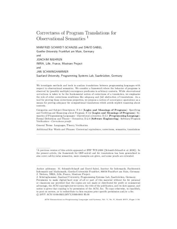 (PDF) Correctness of Program Translations for Observational Semantics