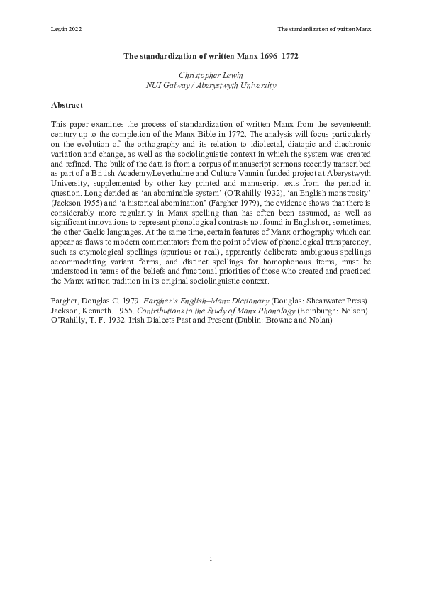 (PDF) The standardization of written Manx 1696-1772