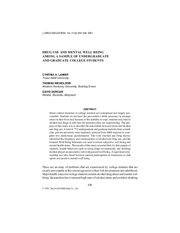 (PDF) Drug Use and Mental Well Being Among a Sample of Undergraduate ...