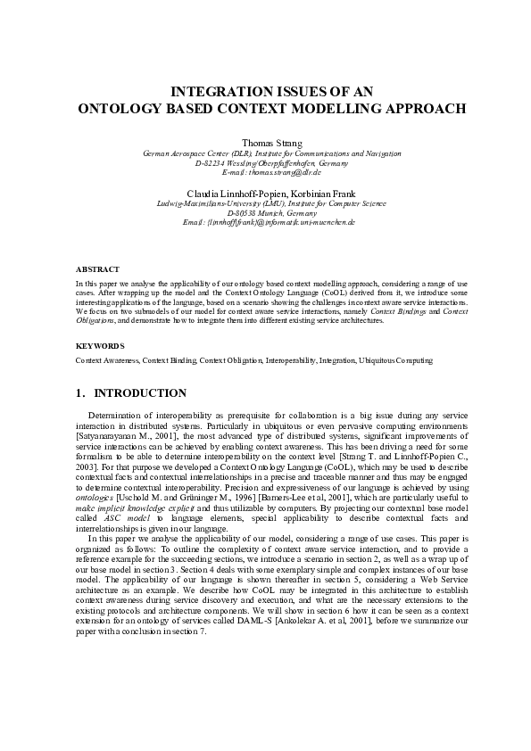 (PDF) Integration Issues of An Ontology Based Context Modelling Approach