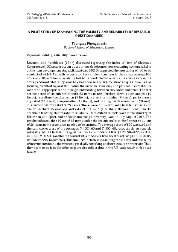 (PDF) A pilot study of examinining the validity and reliability of ...