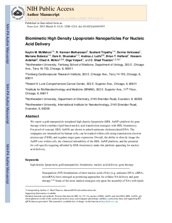 (PDF) Biomimetic High Density Lipoprotein Nanoparticles For Nucleic ...