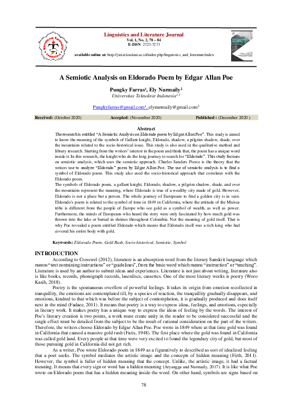 (PDF) A Semiotic Analysis on Eldorado Poem by Edgar Allan Poem