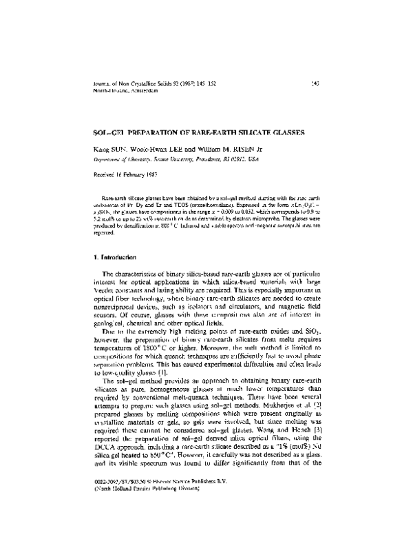Pdf Sol Gel Preparation Of Rare Earth Silicate Glasses