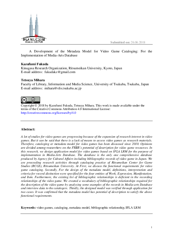(PDF) A Development of the Metadata Model for Video Game Cataloging ...