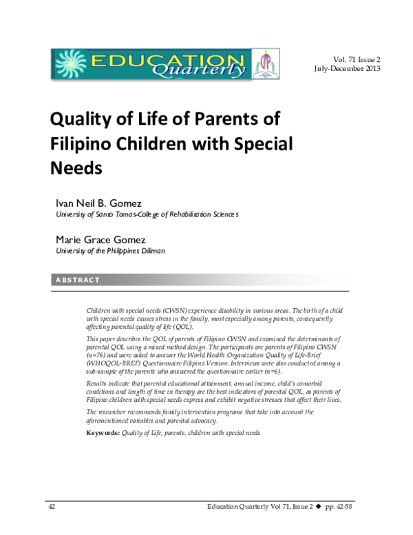(PDF) Quality of Life of Parents of Filipino Children with Special Needs