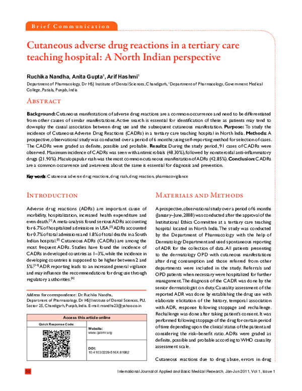 (PDF) Cutaneous adverse drug reactions in a tertiary care teaching ...