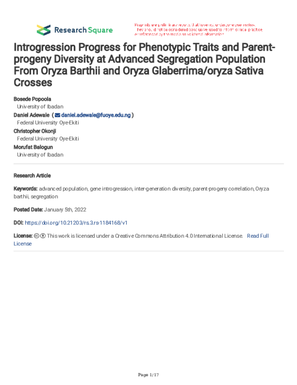(PDF) Introgression Progress for Phenotypic Traits and Parent-progeny ...