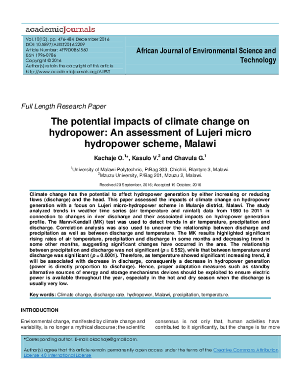 (PDF) The potential impacts of climate change on hydropower generation ...