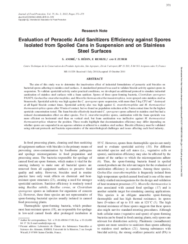 (PDF) Evaluation of Peracetic Acid Sanitizers Efficiency against Spores ...