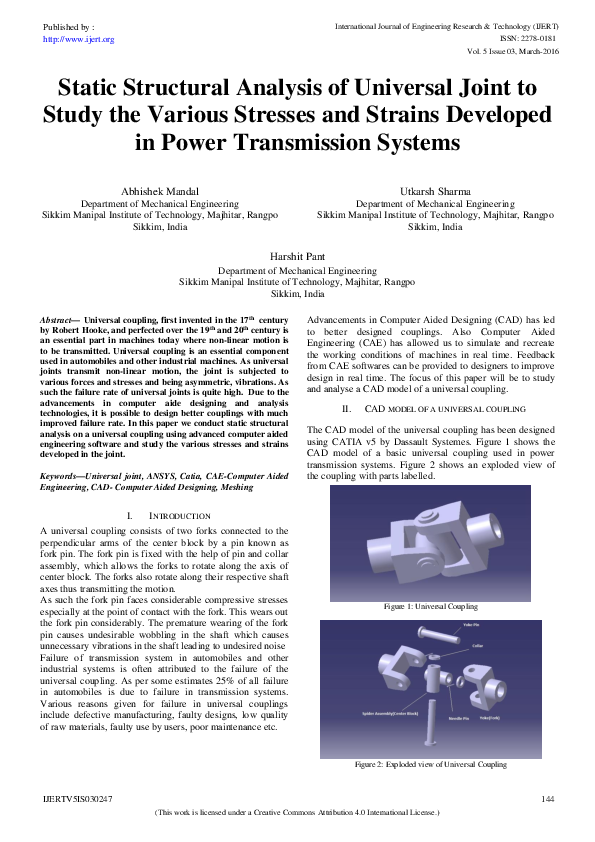 (PDF) Static Structural Analysis of Universal Joint to Study the ...