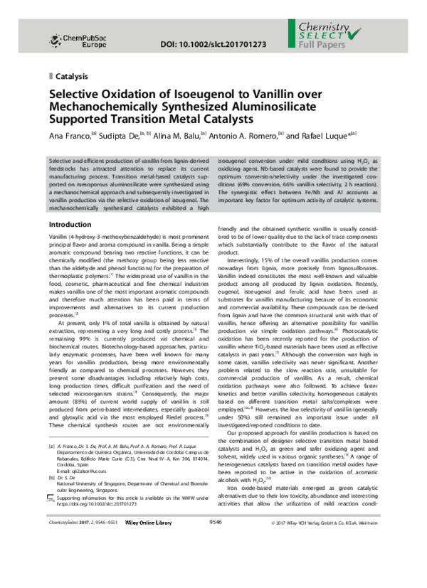 (PDF) Selective Oxidation of Isoeugenol to Vanillin over ...