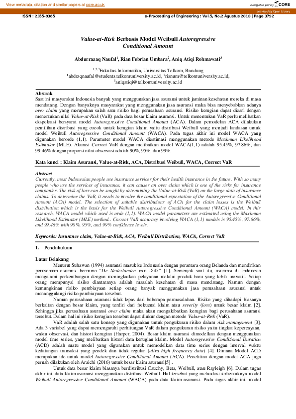 (PDF) Value-at-risk Berbasis Model Weibull Autoregressive Conditional ...