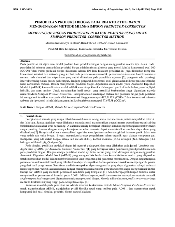 (PDF) Pemodelan Produksi Biogas Pada Reaktor Tipe Batch Menggunakan ...