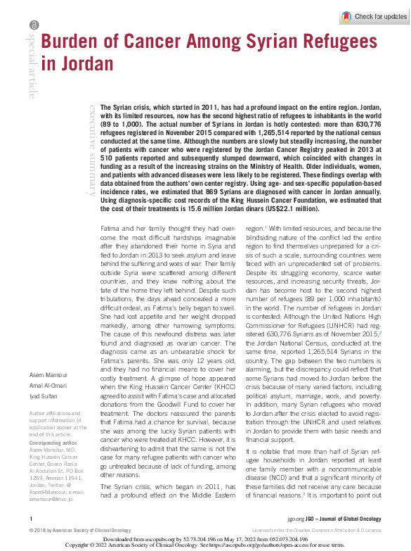 (PDF) Burden of Cancer Among Syrian Refugees in Jordan