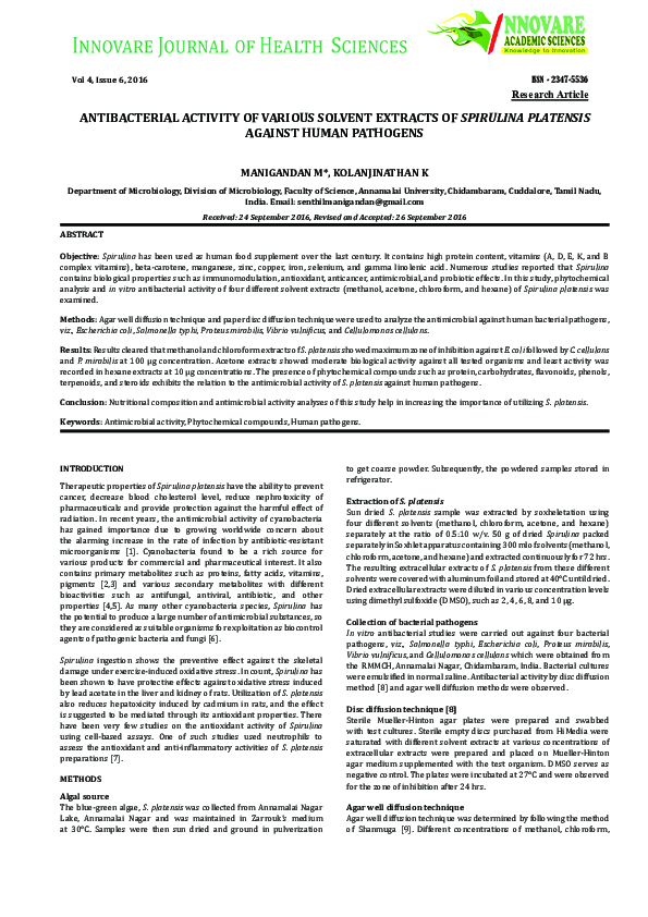 (PDF) ANTIBACTERIAL ACTIVITY OF VARIOUS SOLVENT EXTRACTS OF SPIRULINA ...