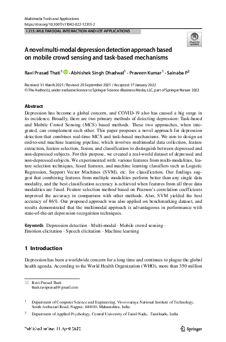 (PDF) A novel multi-modal depression detection approach based on mobile ...