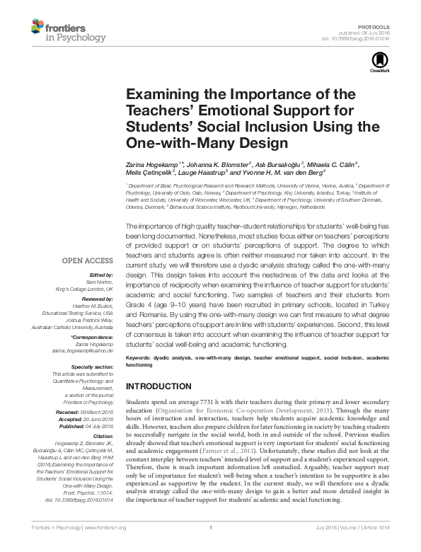 (PDF) Examining the Importance of the Teachers' Emotional Support for ...
