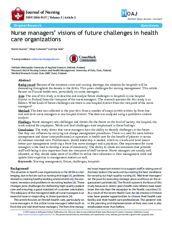 (PDF) Nurse managers' visions of future challenges in health care ...