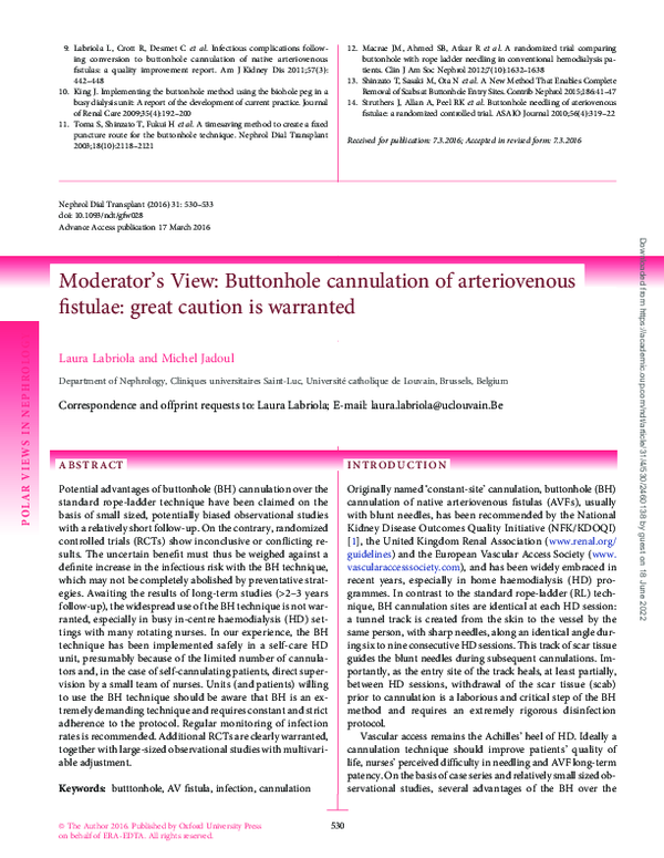 (PDF) Moderator's View: Buttonhole cannulation of arteriovenous ...