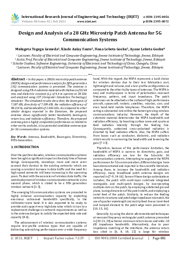(PDF) Design and Analysis of a 28 GHz Microstrip Patch Antenna for 5G ...