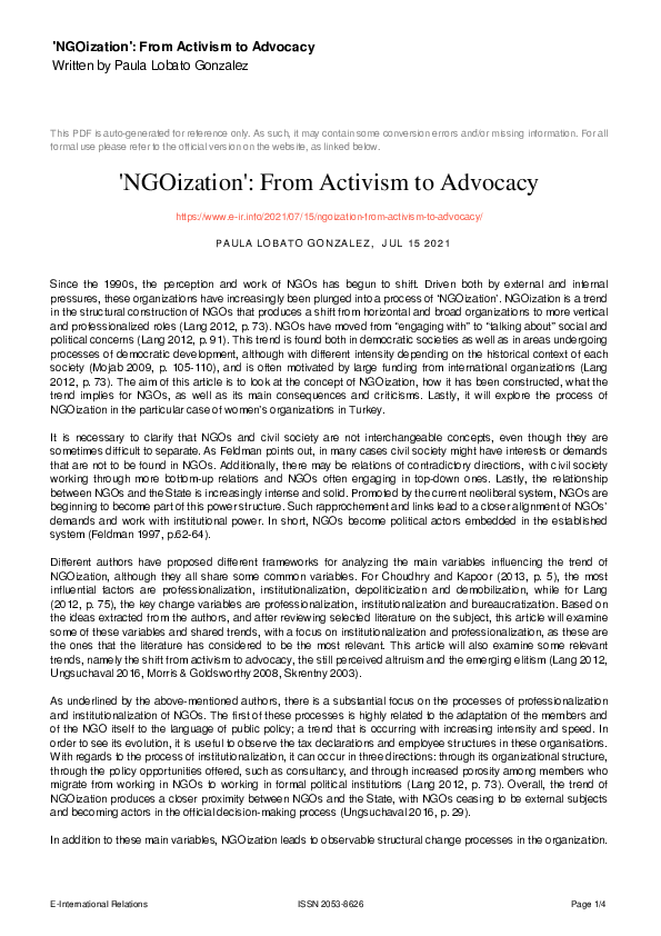 (PDF) 'NGOization': From Activism to Advocacy