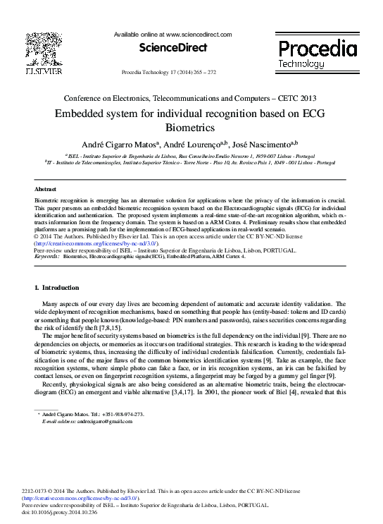 (PDF) Embedded System for Individual Recognition Based on ECG Biometrics