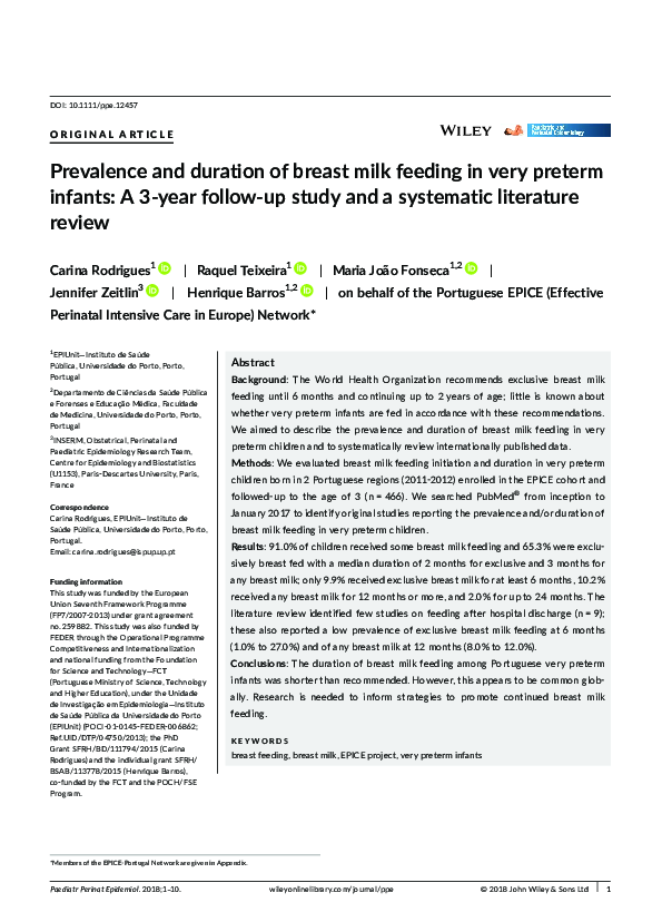 (PDF) Prevalence and duration of breast milk feeding in very preterm ...