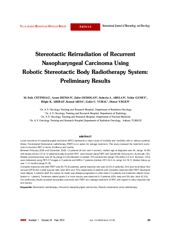 (PDF) Stereotactic Reirradiation of Recurrent Nasopharyngeal Carcinoma ...
