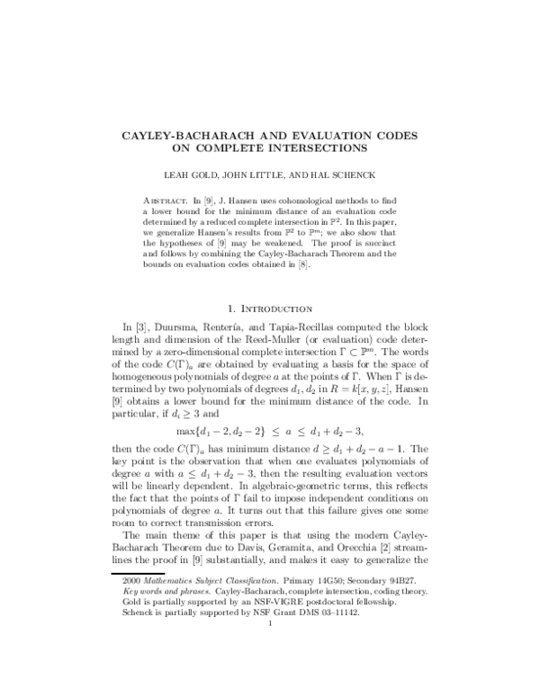 (PDF) CayleyBacharach and evaluation codes on complete intersections