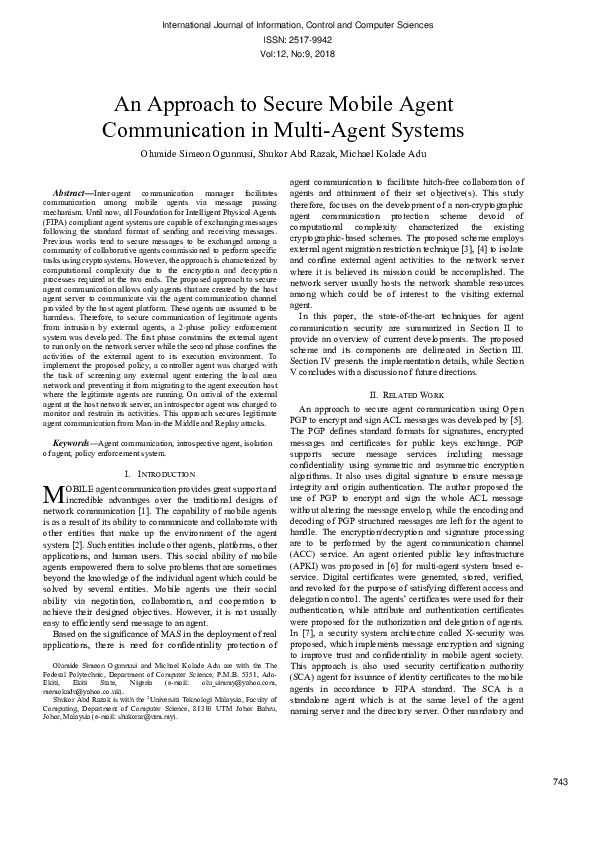 (PDF) An Approach To Secure Mobile Agent Communication In Multi-Agent ...
