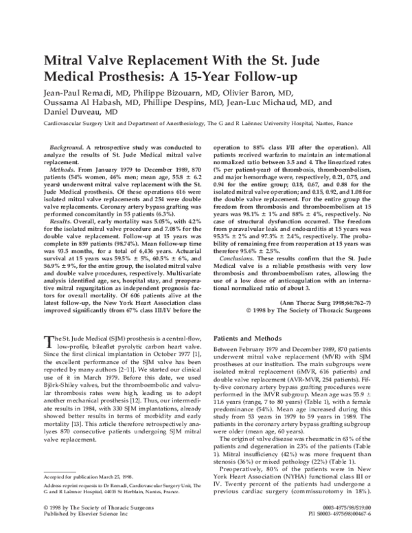 (PDF) Mitral valve replacement with the St. Jude medical prosthesis: a ...