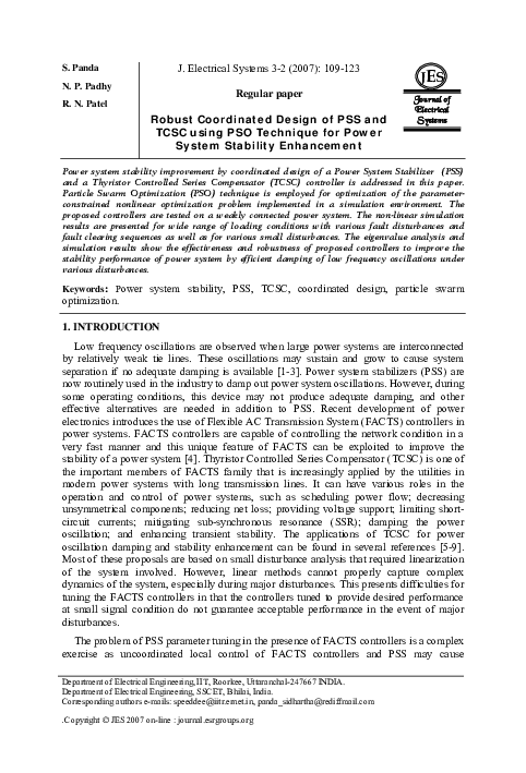 (PDF) Robust Coordinated Design of PSS and TCSC using PSO Technique for ...