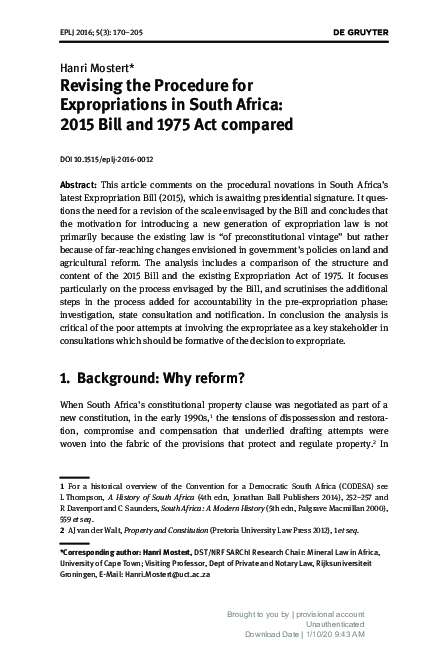 (PDF) Revising the Procedure for Expropriations in South Africa: 2015 ...