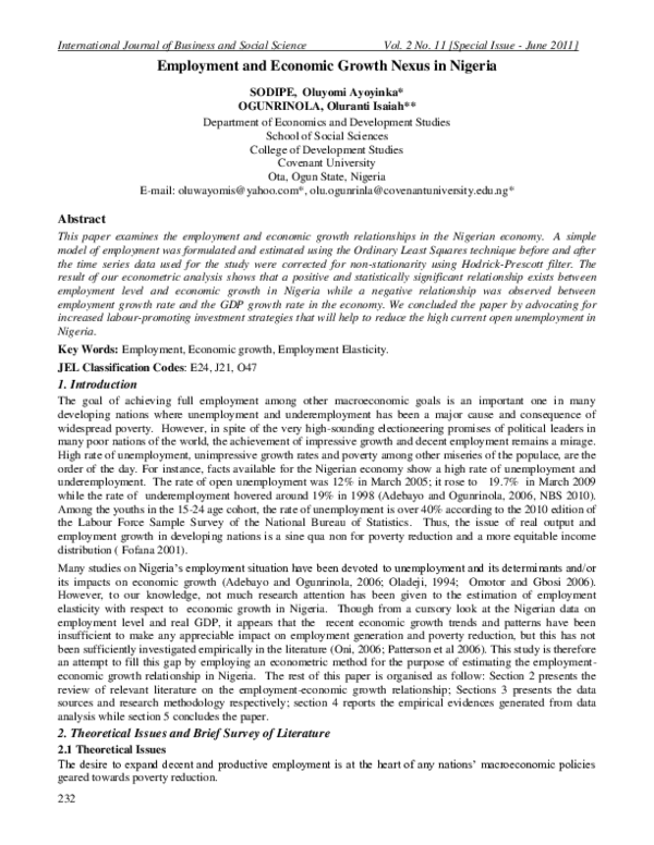 (PDF) Employment and Economic Growth Nexus in Nigeria
