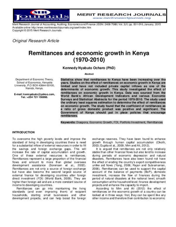 (PDF) Remittances and economic growth in Kenya