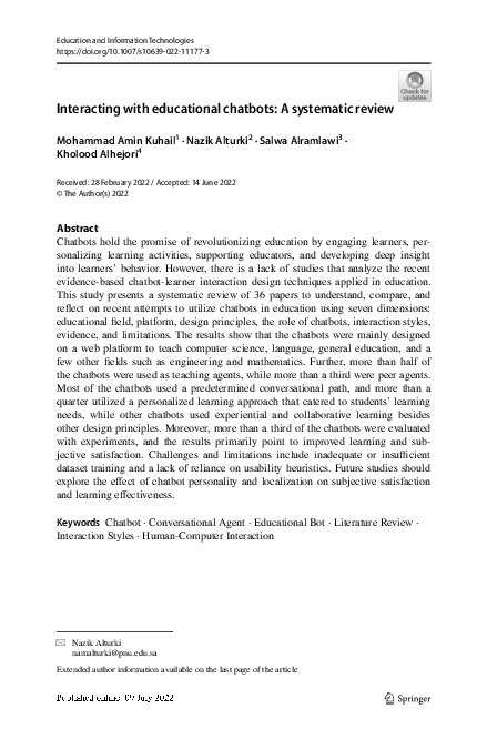  PDF Interacting With Educational Chatbots A Systematic Review Salwa Alramlawi And Nazik 